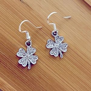 New Cute Rhinestone Four Leaf  Clover Earrings With 925 Silver Ear Wire Hooks